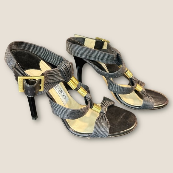 Jimmy Choo Black Waxed Leather ‘Serena’ Brass Hardware Gladiator Heels Size 8.5 - Picture 7 of 16